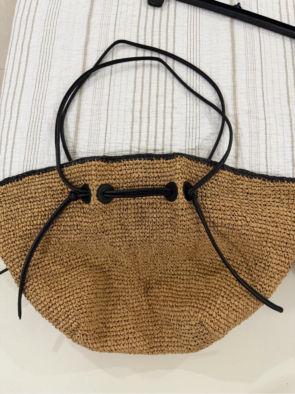 Massimo Dutti Brown Straw Tote with Black Trim and Straps